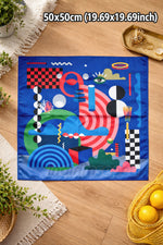 Pop-Art Geometrik Desenli Sanatsal Saten Kare Fular  Kobalt Mavi Geometrik Figürlü ipeksi Saten Fular & Çanta Aksesuarı