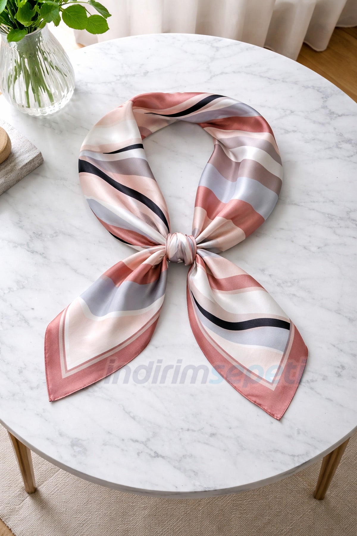 Çok Fonksiyonlu Desenli Saten Bandana ve Boyun Fuları – Soyut Dalga Desen, Gül Kurusu & Lila - indirimsepeti