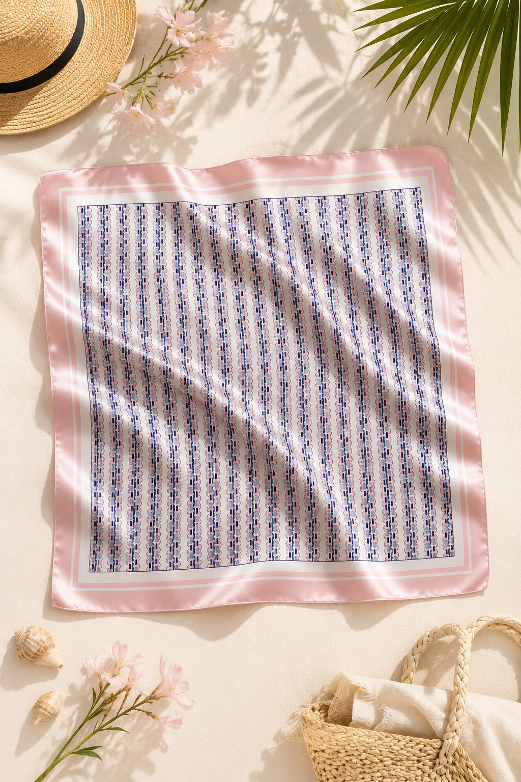 Pudra Pembe Zincir Desenli Saten Bandana Fular 50x50 cm – Şık & Yazlık Kombin Aksesuarı
