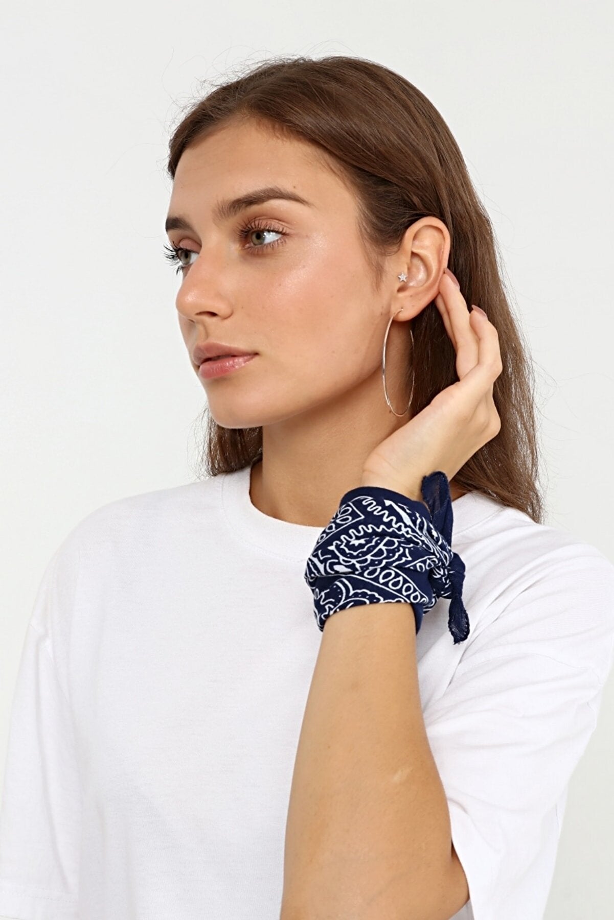 Etnik Desenli Bandana Fular %100 Pamuklu Saç Aksesuar Lacivert - indirimsepeti