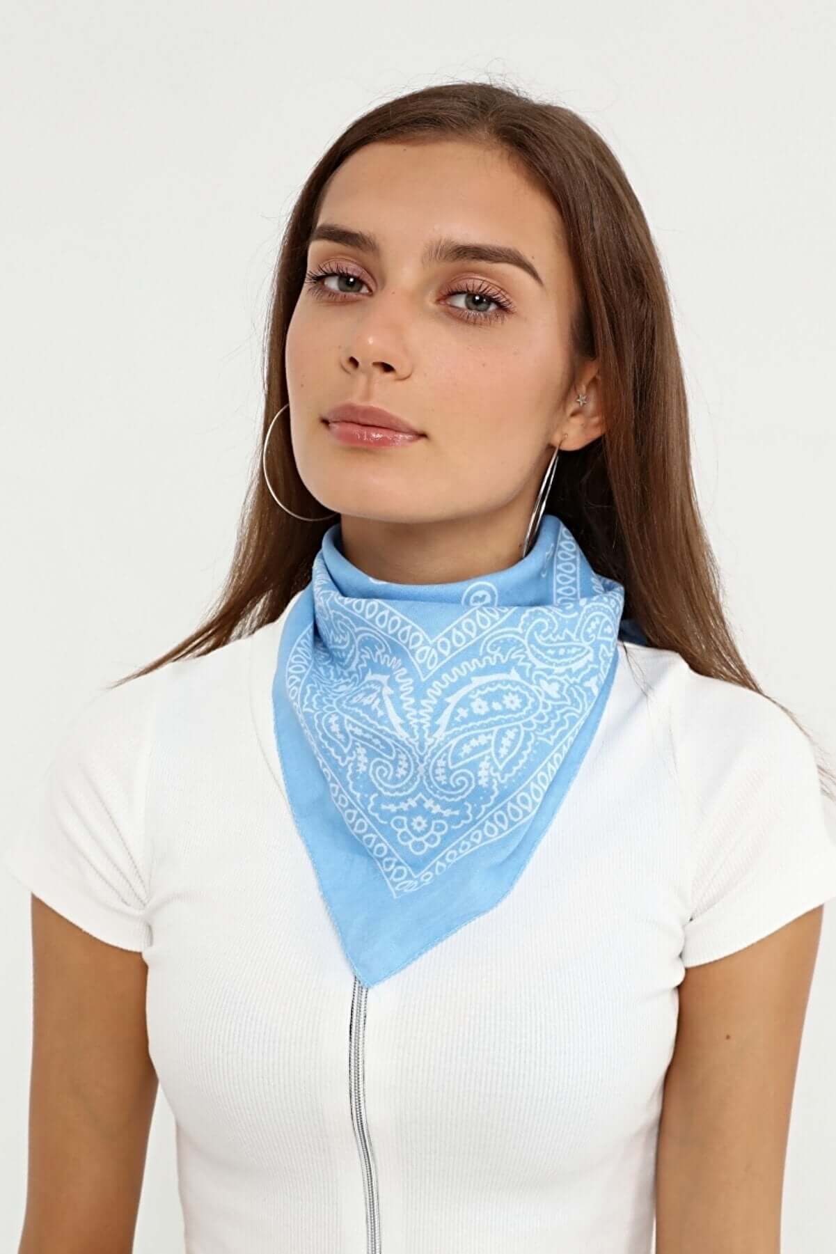 Etnik Desenli Bandana Fular %100 Pamuklu Saç Aksesuar Açık Mavi - Indirimsepeti