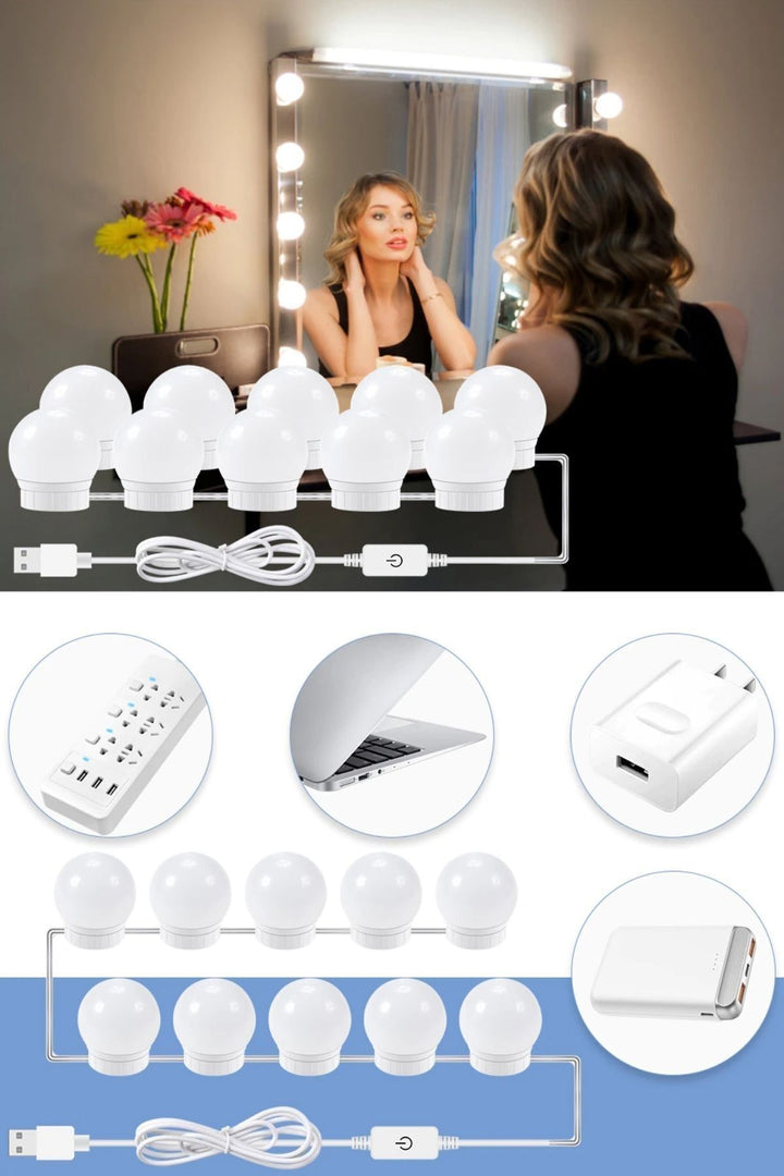 Nostalji Hollywood Tarzı 10lu Makyaj Masası Aynası Beyaz Led Işıklı Lamba USB - Indirimsepeti