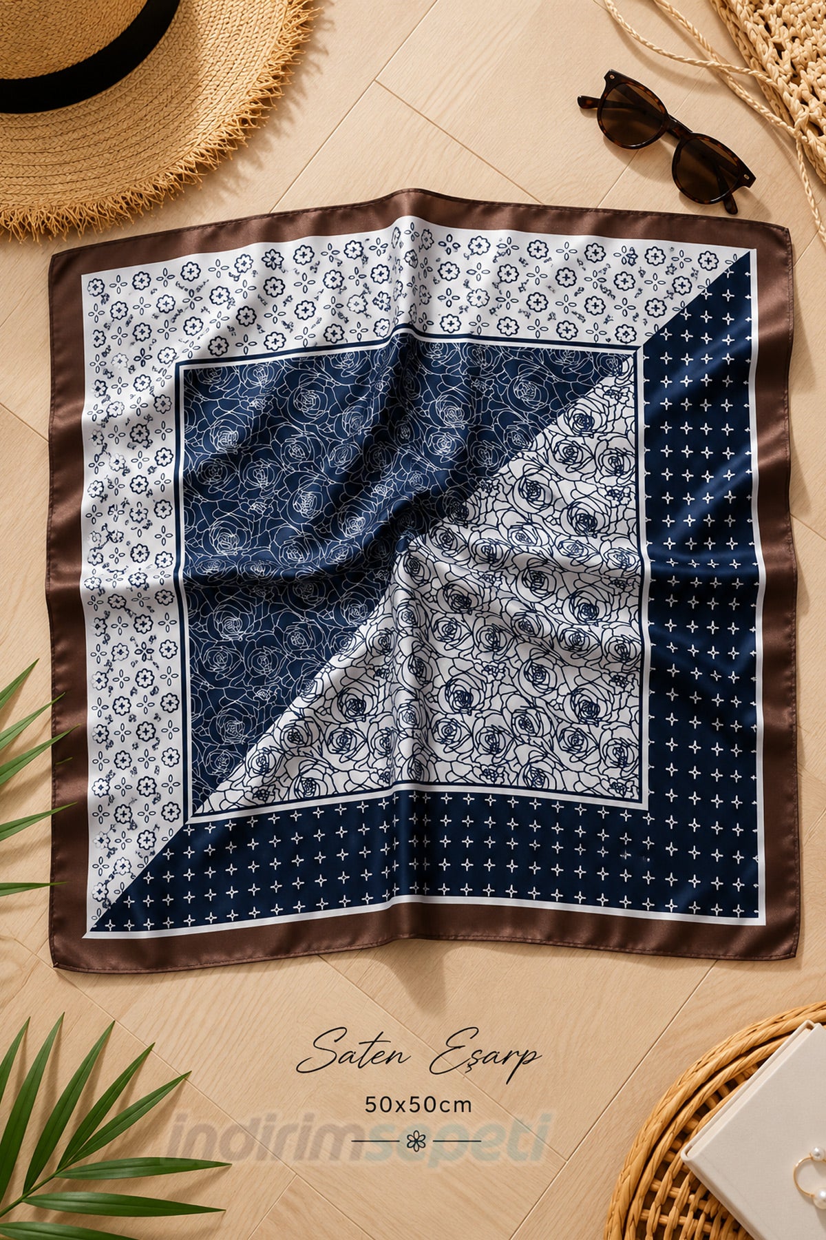 Lacivert Vintage Gül Desenli Saten Bandana 50x50 cm – Şık Kare Fular