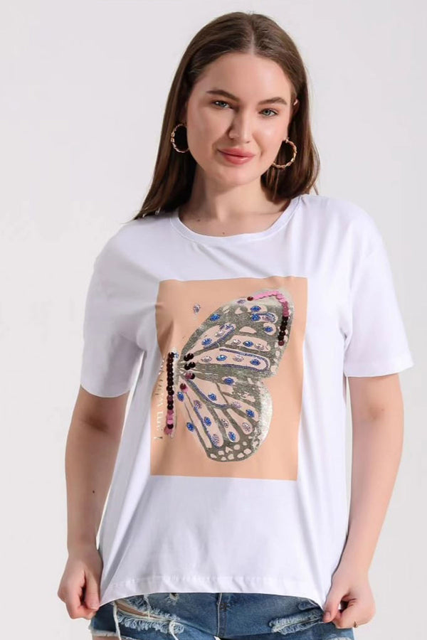 Kadın Beyaz Pamuklu T-Shirt Taşlı Kelebek Kanat Yuvarlak Yaka Kısa Kol T-Shirt
