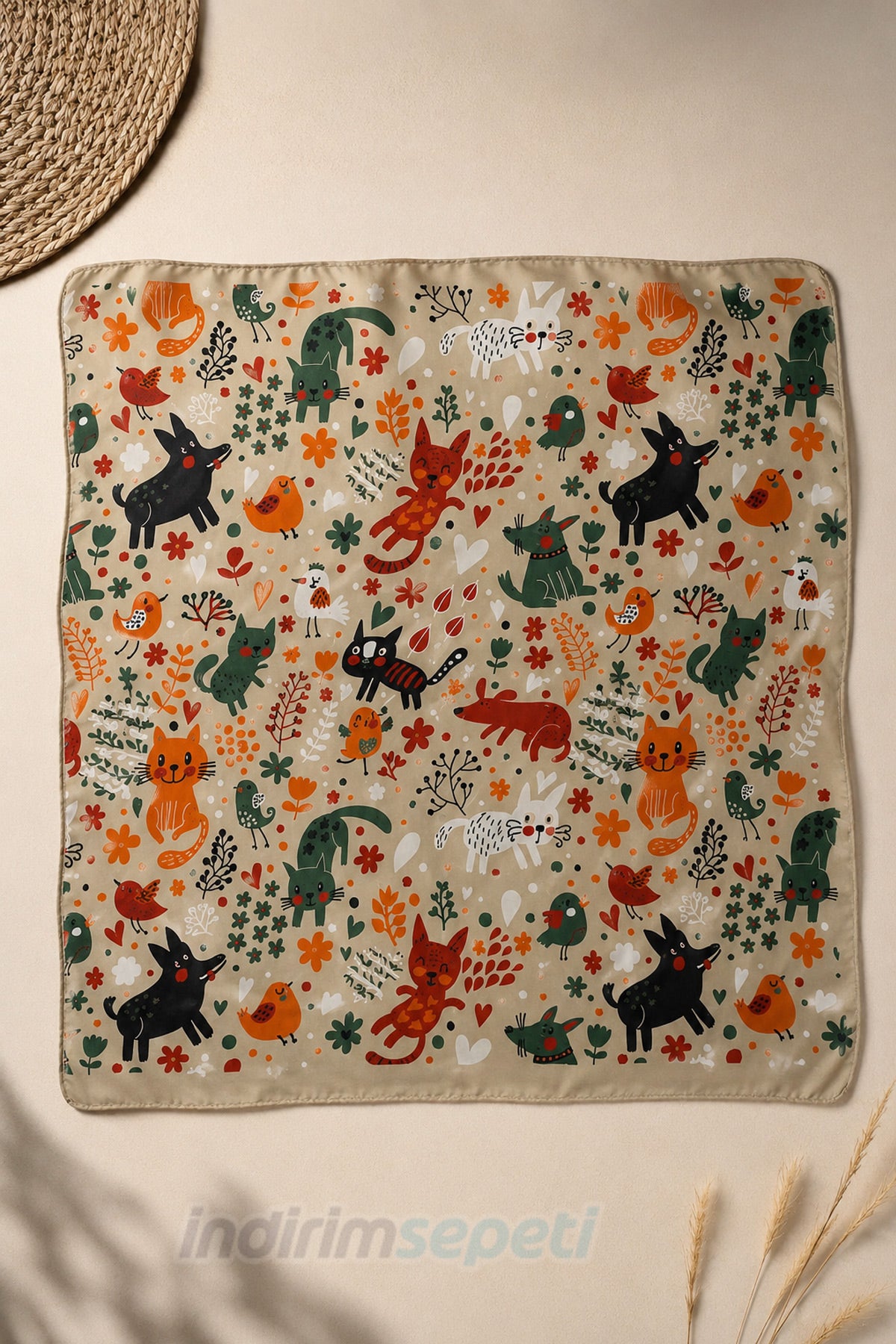 Kedi & Orman Desenli Saten Bandana Fular 50x50 cm – Yazlık Şık Kadın Fuları