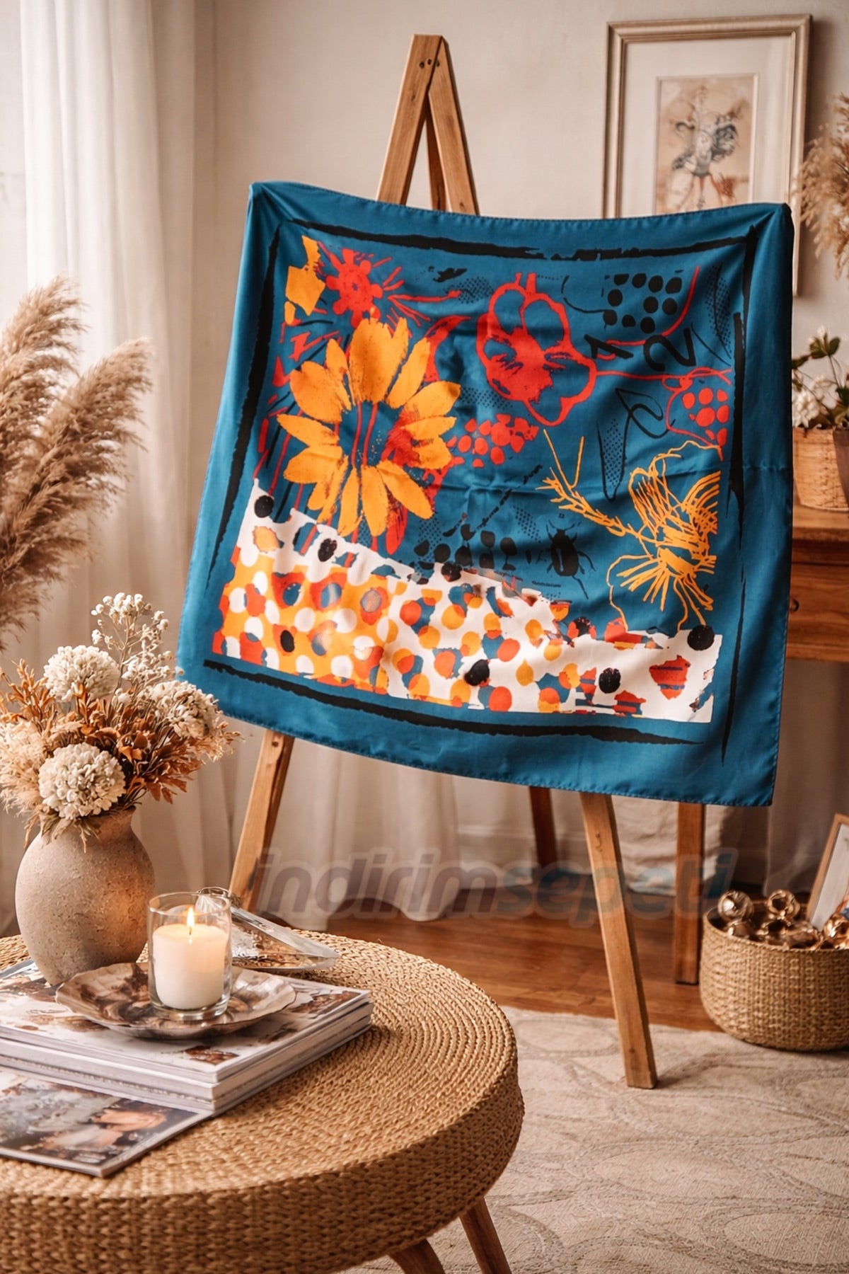Soyut Çiçek Desenli Saten Kare Bandana Fular 50x50 cm – Pürüzsüz, Yumuşak, Şık Saç ve Çanta Aksesuarı