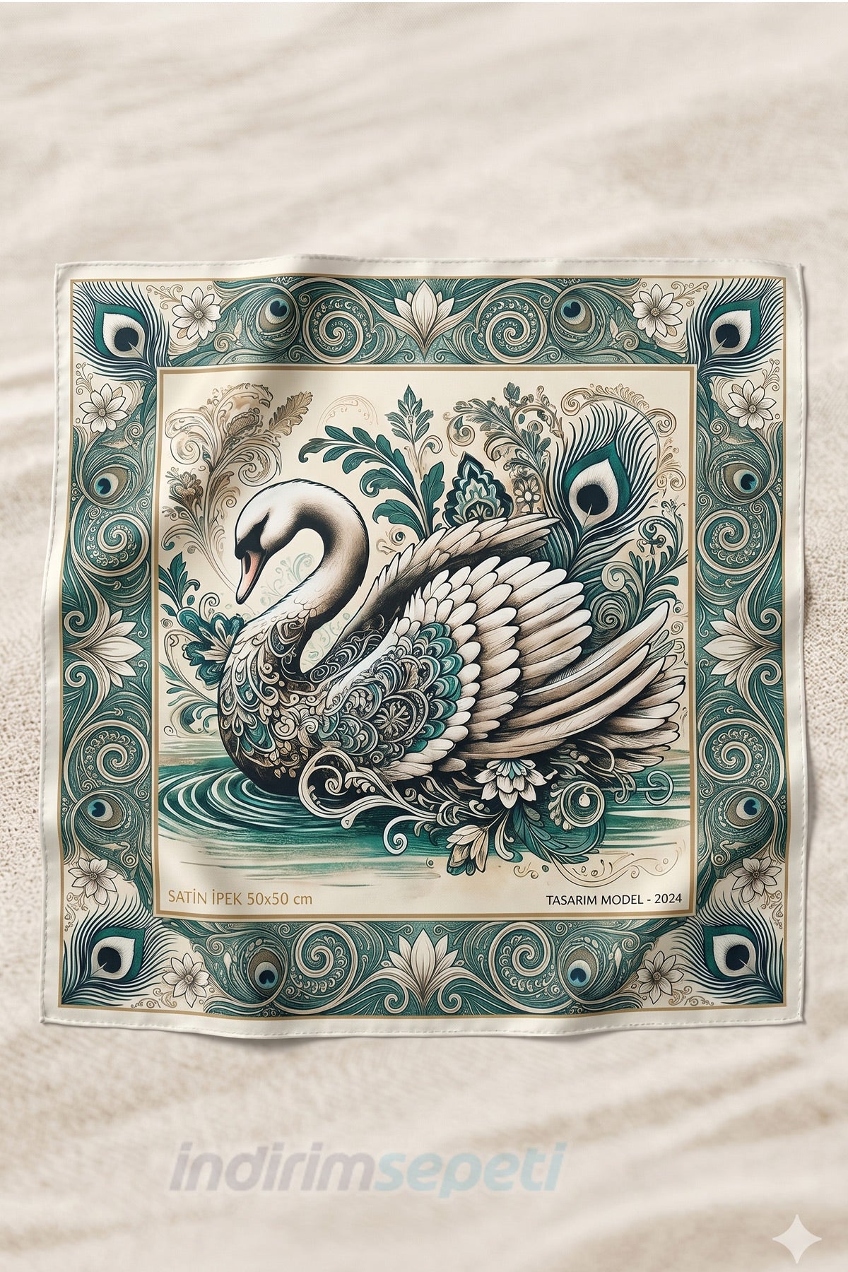 Lüks Kuğu Tasarımlı Saten Fular 50x50 cm - Desenli Yazlık Kadın Bandana & Eşarp