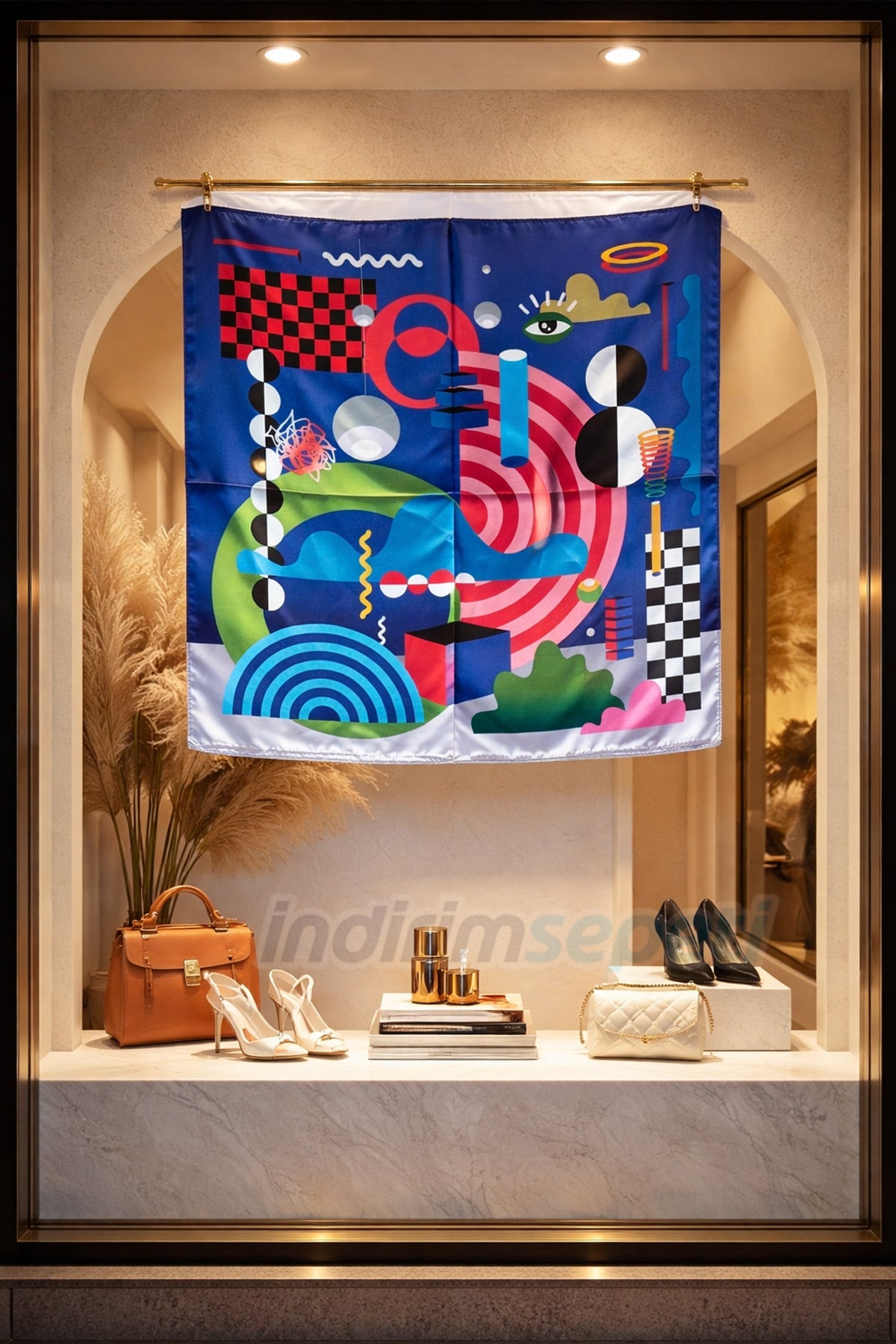 Pop-Art Geometrik Desenli Sanatsal Saten Kare Fular  Kobalt Mavi Geometrik Figürlü ipeksi Saten Fular & Çanta Aksesuarı