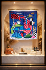 Pop-Art Geometrik Desenli Sanatsal Saten Kare Fular  Kobalt Mavi Geometrik Figürlü ipeksi Saten Fular & Çanta Aksesuarı