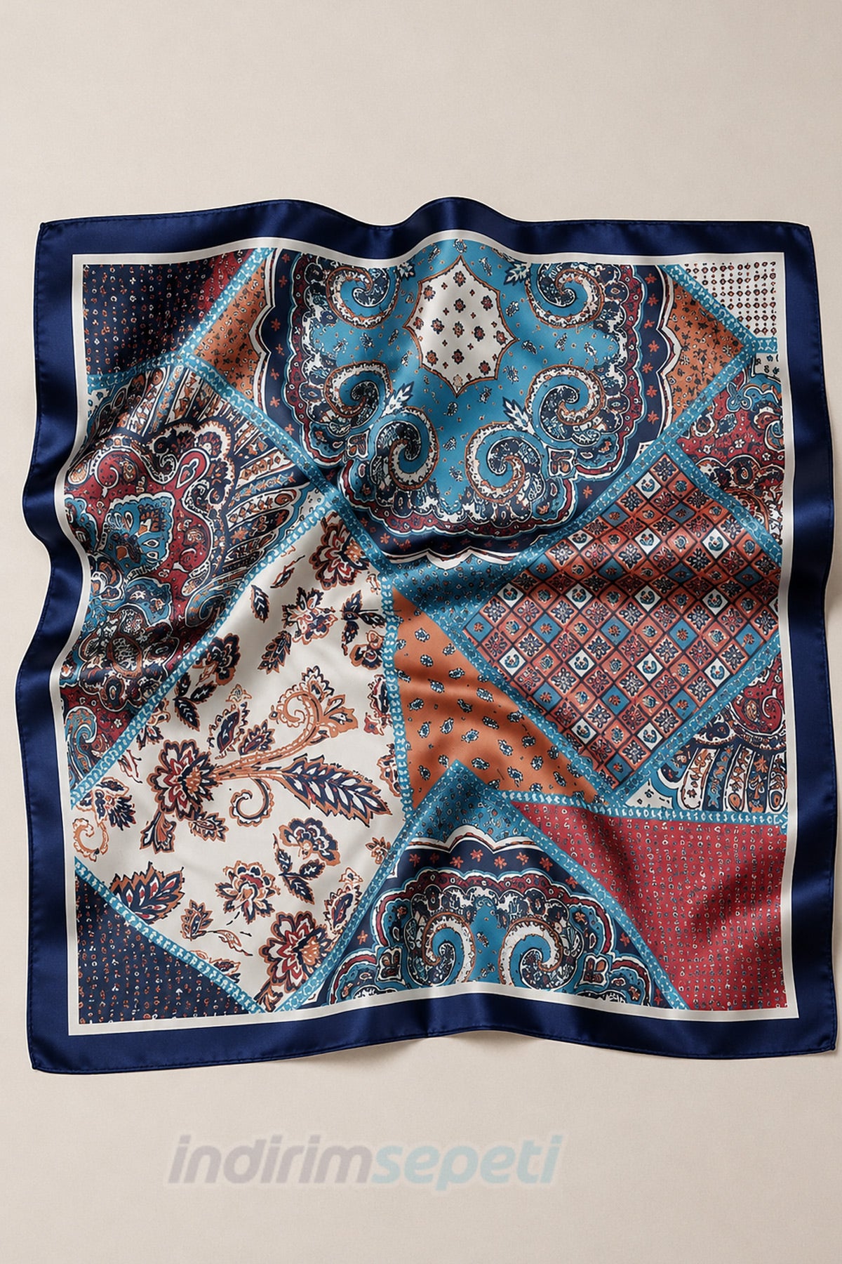 Patchwork Etnik Desenli Lacivert Turkuaz Saten Bandana Fular 50x50 cm – Yazlık Kadın Saç Bandana