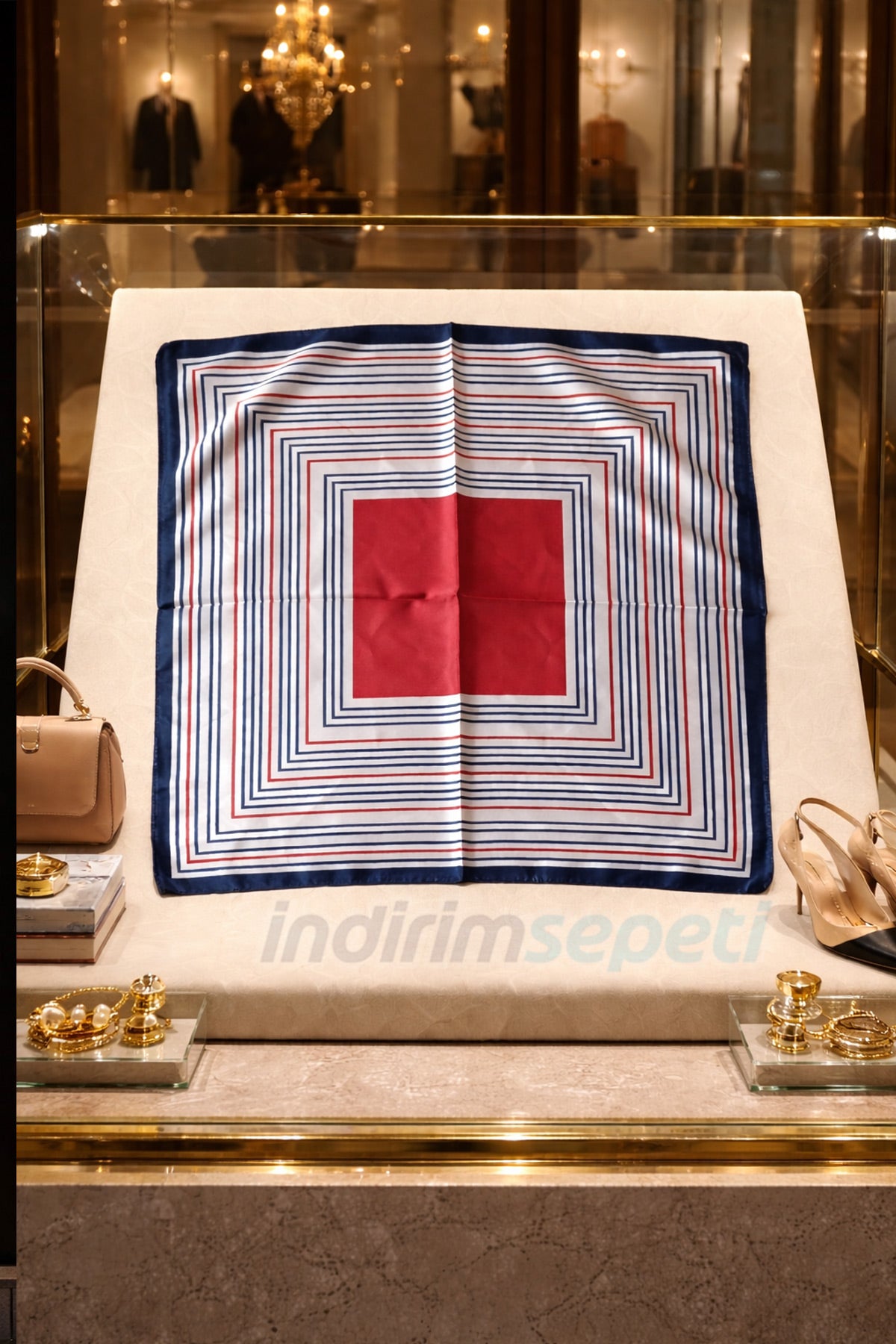 Lacivert Kırmızı Çizgili Modern Geometrik Saten Fular & Bandana 50x50 cm Marin Stil Geometrik Çizgili - indirimsepeti