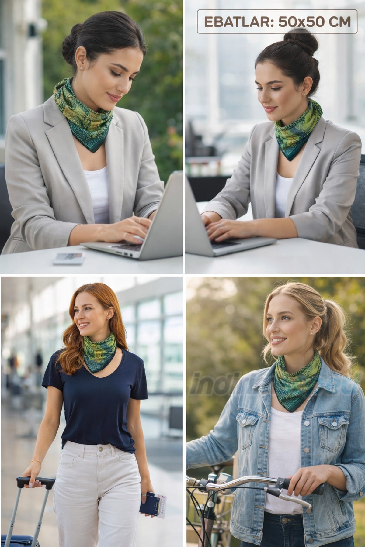 Osmanlı Tezhip Deseninden İlhamlı Modal Pamuklu Zeytin yeşili, Fular Bandana 50x50 cm Saç & Boyun Çanta Fuları