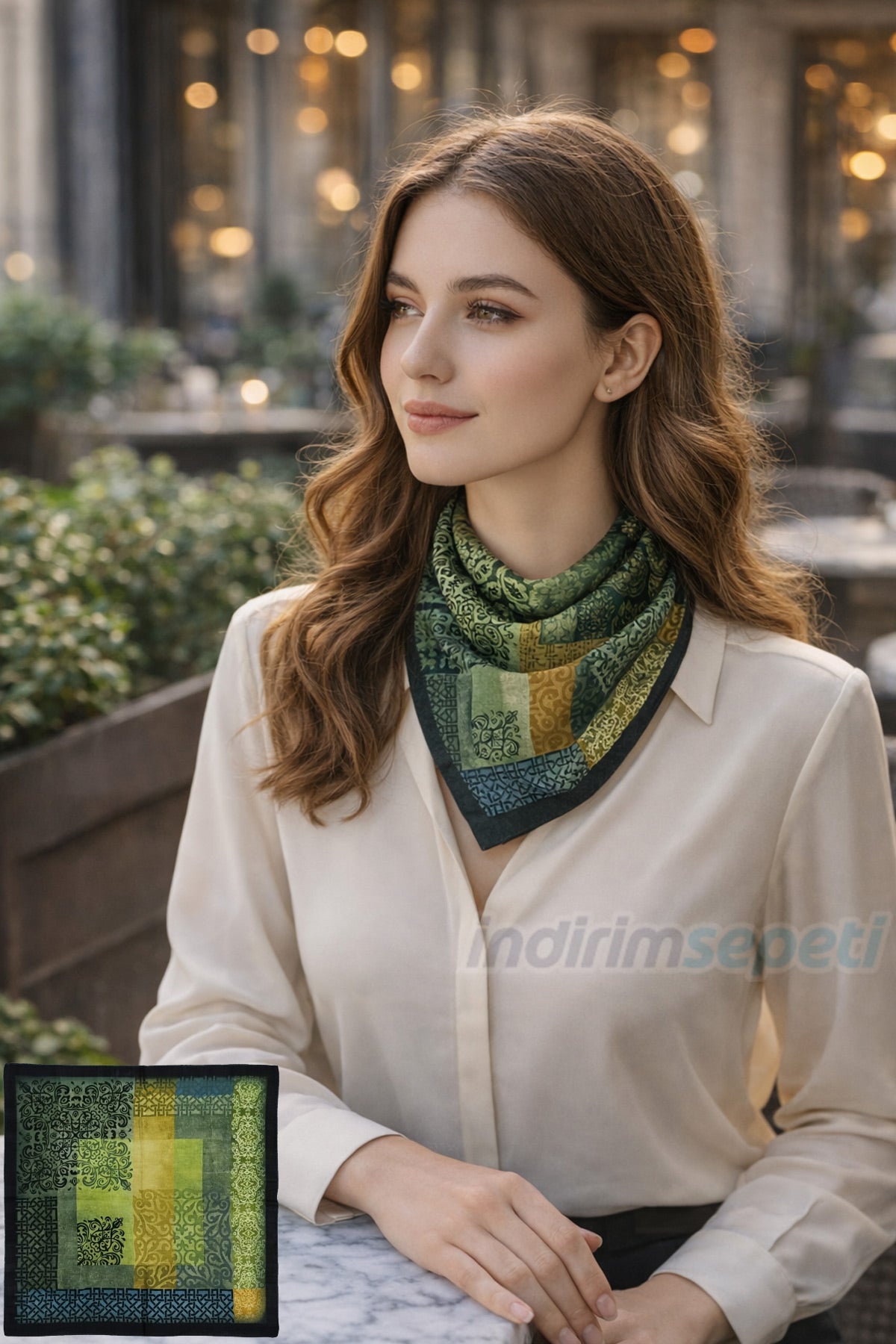 Osmanlı Tezhip Deseninden İlhamlı Modal Pamuklu Zeytin yeşili, Fular Bandana 50x50 cm Saç & Boyun Çanta Fuları