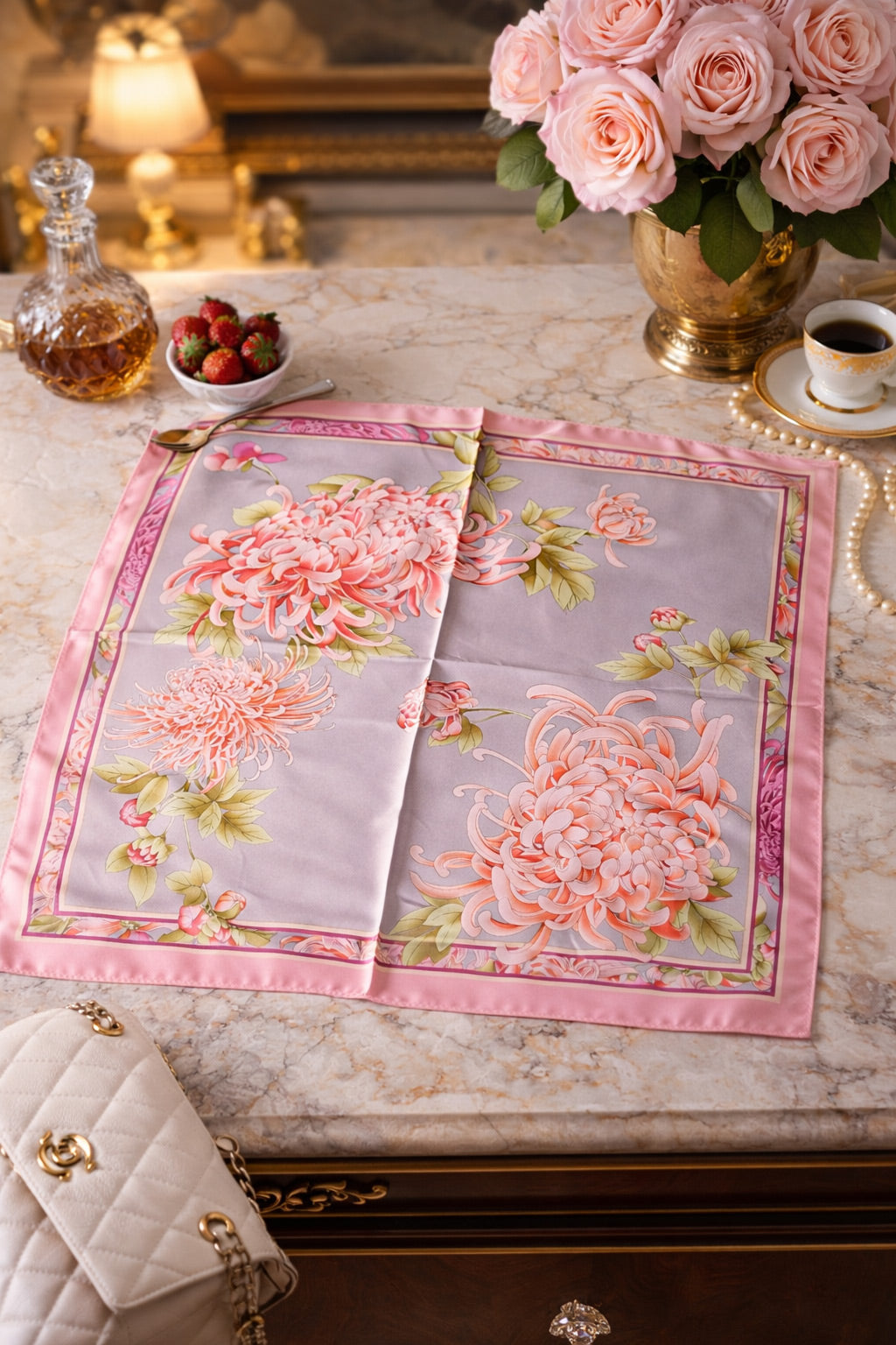 Gül Desenli Lüks Saten Bandana ve Boyun Fuları 50x50 cm – Zarif Çiçek Motifli Şık Tasarım