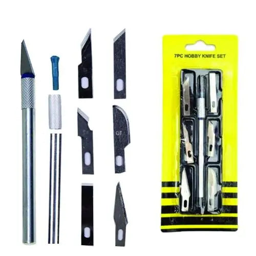 Kretuar Bıçağı 7 Parça Hobi Bıçak Seti – Metal Saplı, Yedek Uçlu, Sanatsal Kesim için İdeal Neşter Takımı