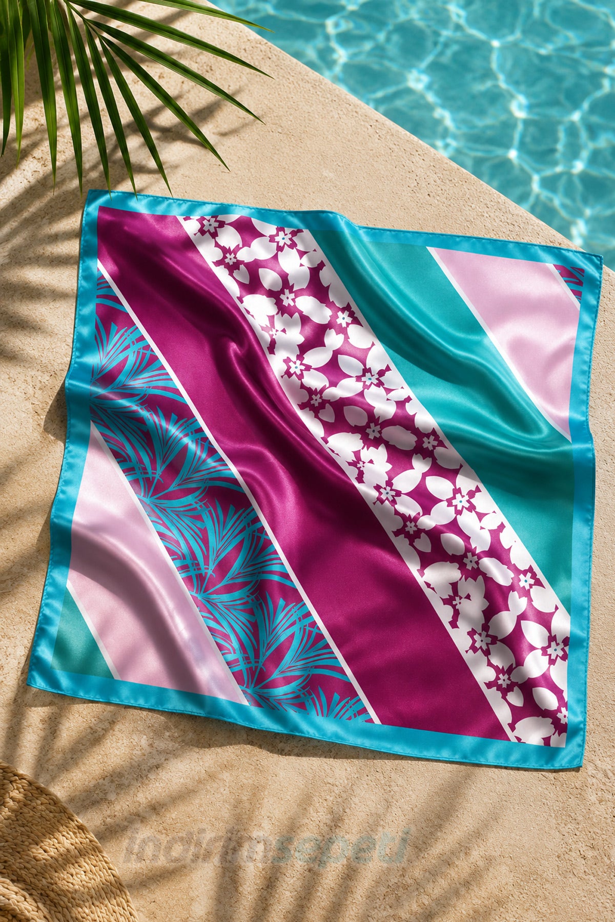 Turkuaz & Fuşya Tropikal Desenli Saten Bandana Fular 50x50 cm – Yazlık Şık Kadın Aksesuarı