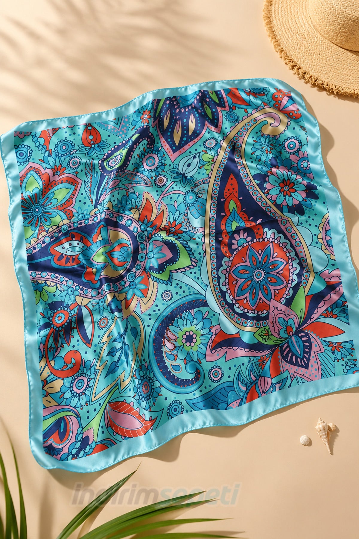 Turkuaz Etnik Damla Desenli Saten Bandana 50x50 cm – Bohem Yazlık Kadın Fuları
