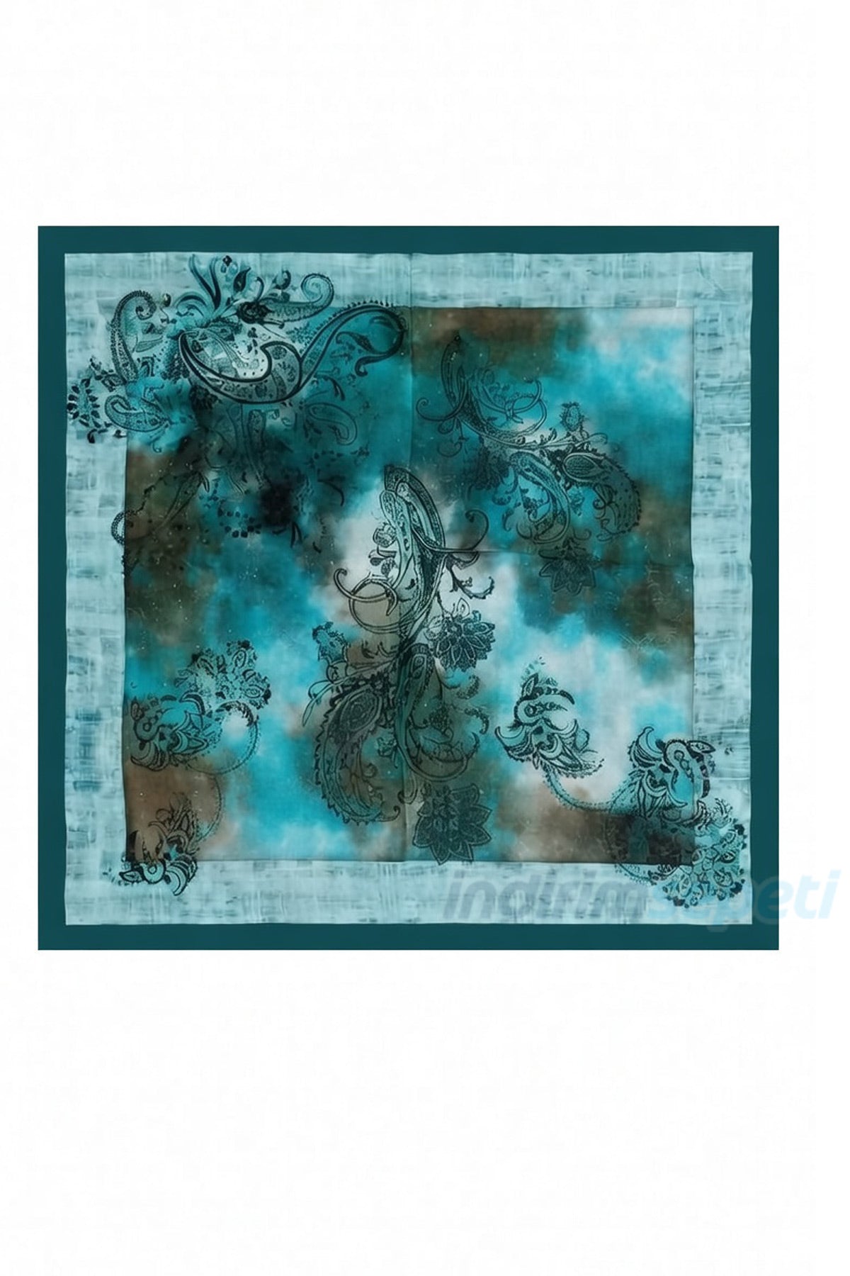 Turkuaz Mavi Tezhip Desenli Modal Pamuklu Fular Bandana 50x50 cm Saç & Boyun Çanta Fuları