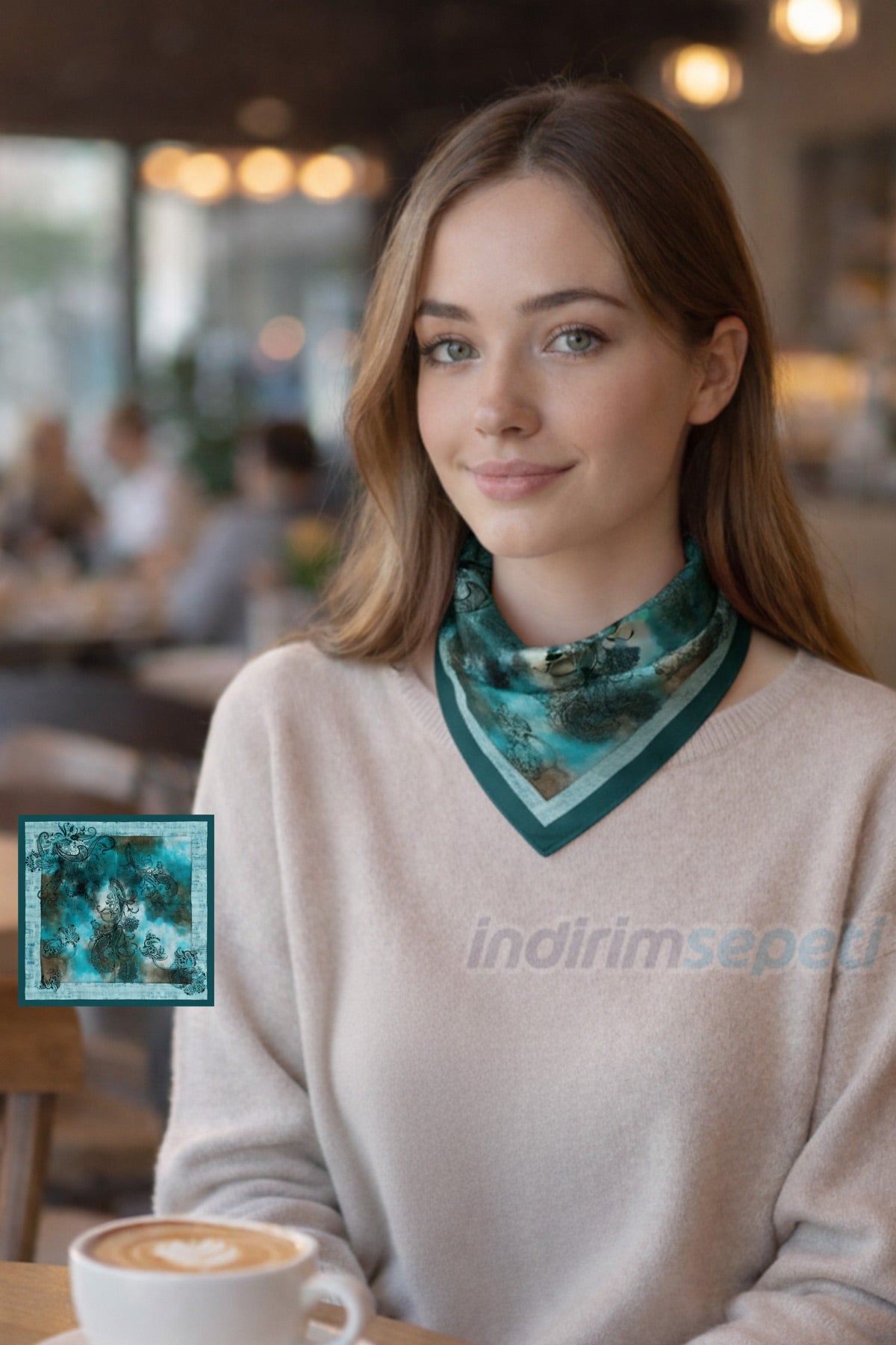 Turkuaz Mavi Tezhip Desenli Modal Pamuklu Fular Bandana 50x50 cm Saç & Boyun Çanta Fuları