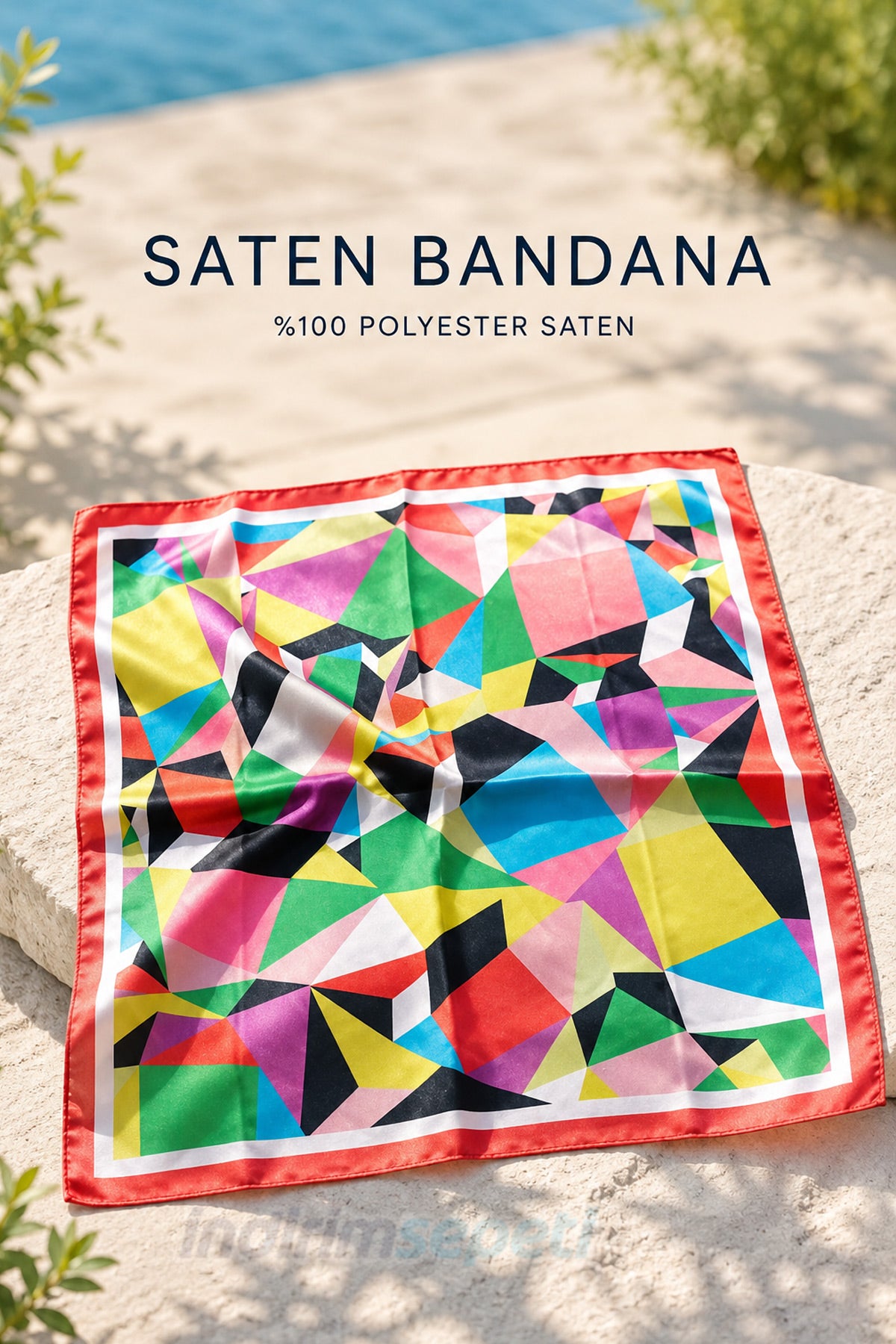 Geometrik Desenli Renkli Saten Bandana 50x50 cm – Modern Sanat Kare Fula