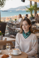 Turkuaz Mavi Tezhip Desenli Modal Pamuklu Fular Bandana 50x50 cm Saç & Boyun Çanta Fuları