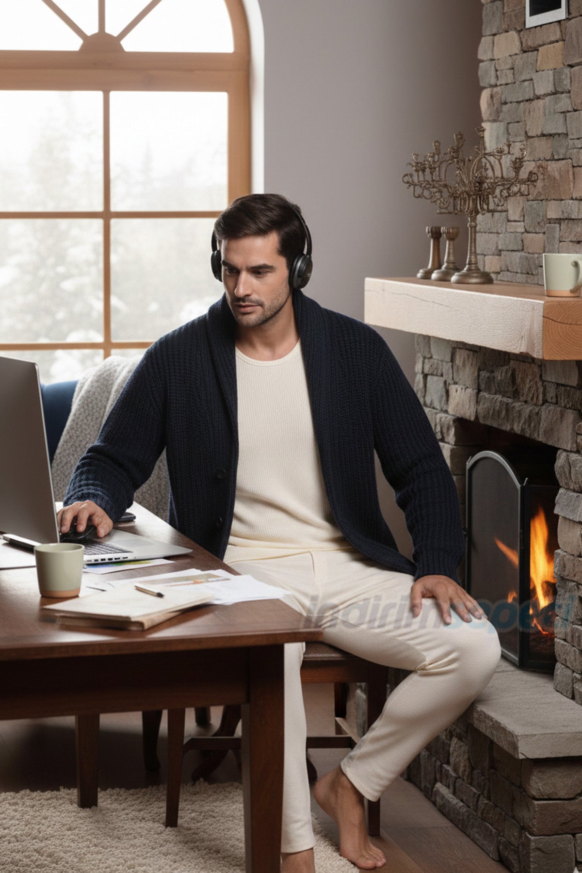 Erkek Uzun Kollu Krem Yün Atlet içlik – %75 Yün %25 Akrilik, Nefes Alan Termal Üst İçlik Atlet