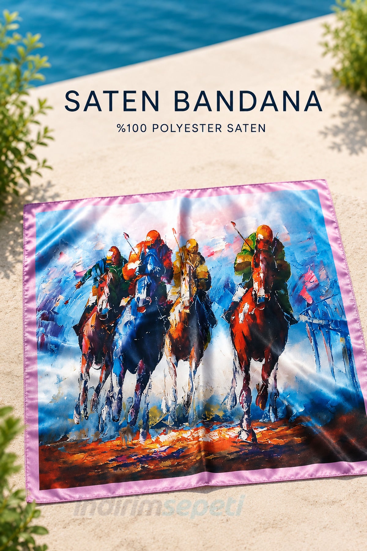 At Yarışı Desenli Saten Bandana Fular 50x50 cm – Renkli Sanatsal Kare Fular