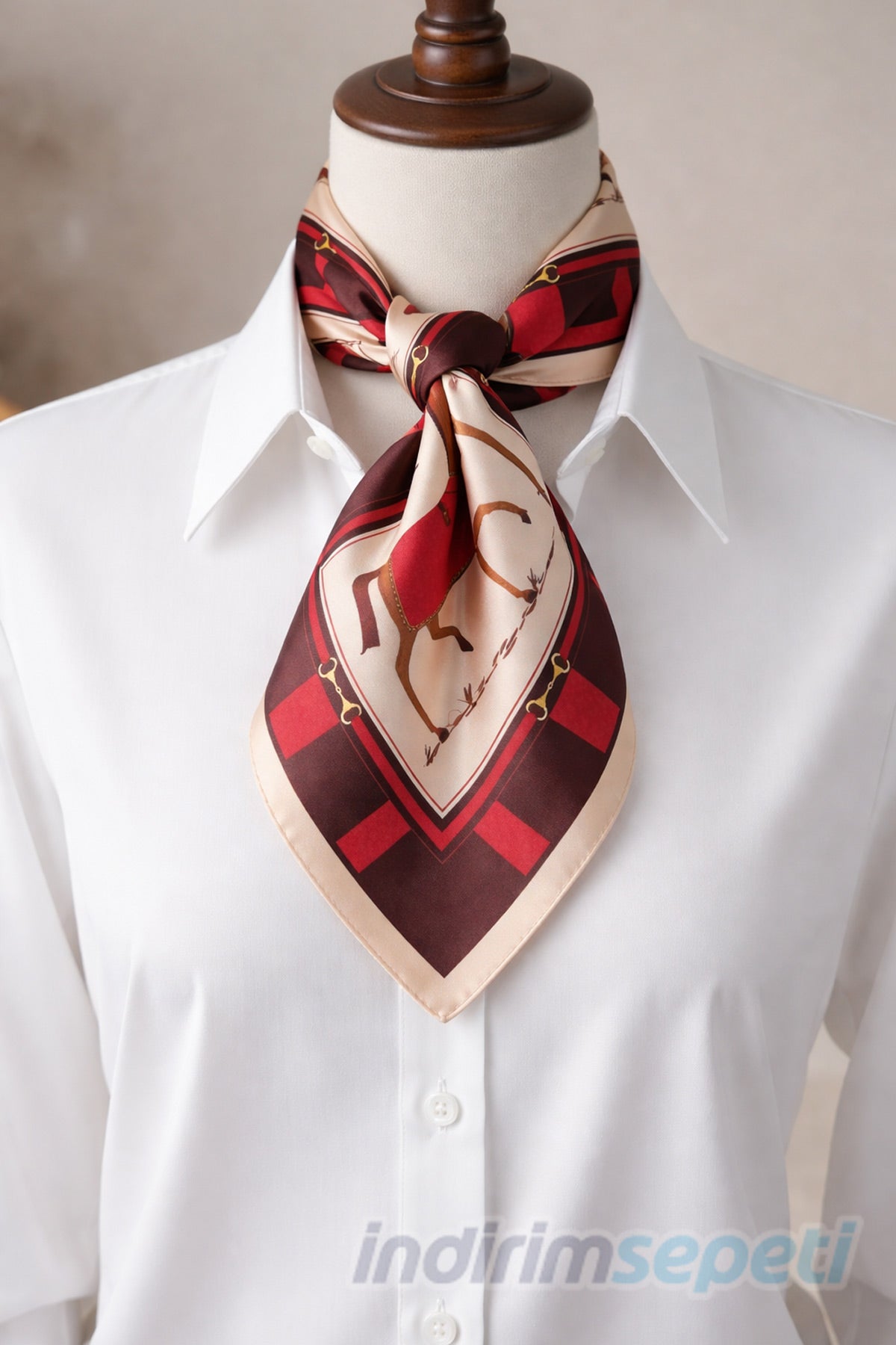 Binicilik Temalı At Figürlü Saten Kare Fular & Bandana 50x50 cm - Bordo Equestrian Stil At Motifli - indirimsepeti