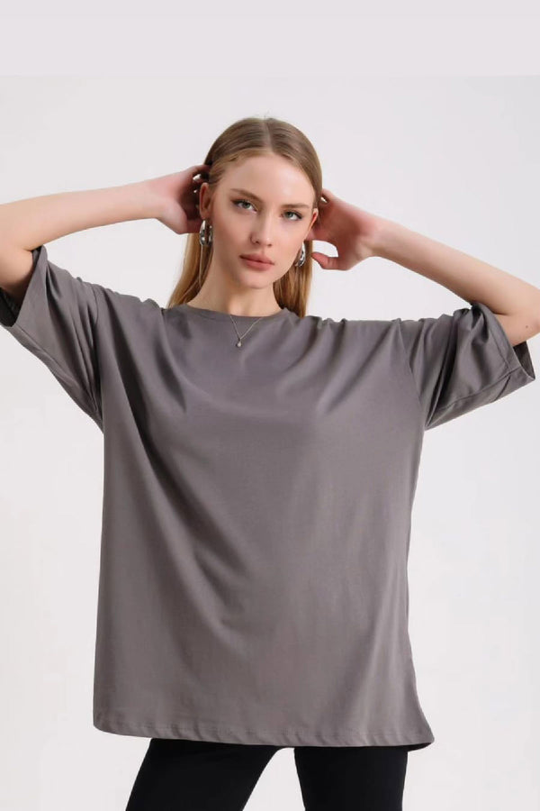 Kadın Füme Düz Renk Pamuklu T-Shirt Baskılı Yuvarlak Yaka Kısa Kol T-Shirt