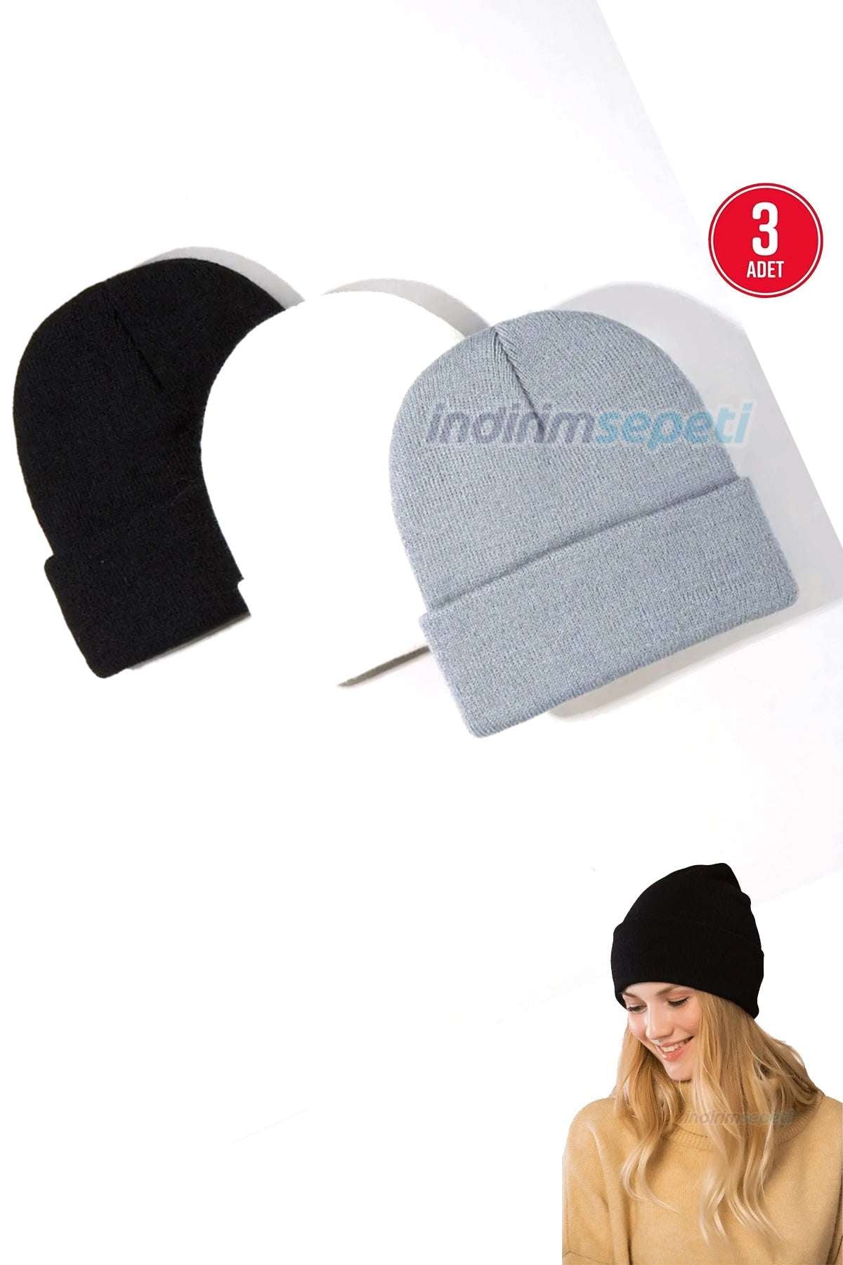 Bere Triko Örme Bay Bayan Katlamalı Sonbahar Kış Basic Siyah,Beyaz,Gri 3'lü Set - Indirimsepeti