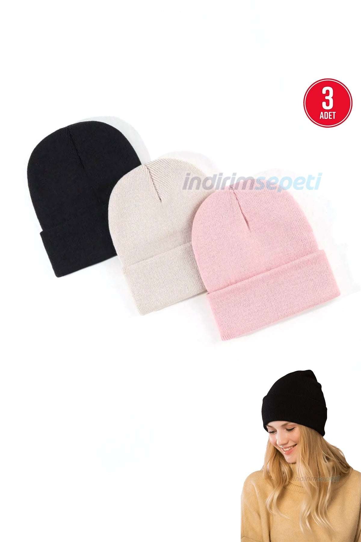 Bere Triko Örme Bay Bayan Katlamalı Sonbahar Kış Basic Siyah,Taş,Bebe Pembe  3'lü Set - Indirimsepeti