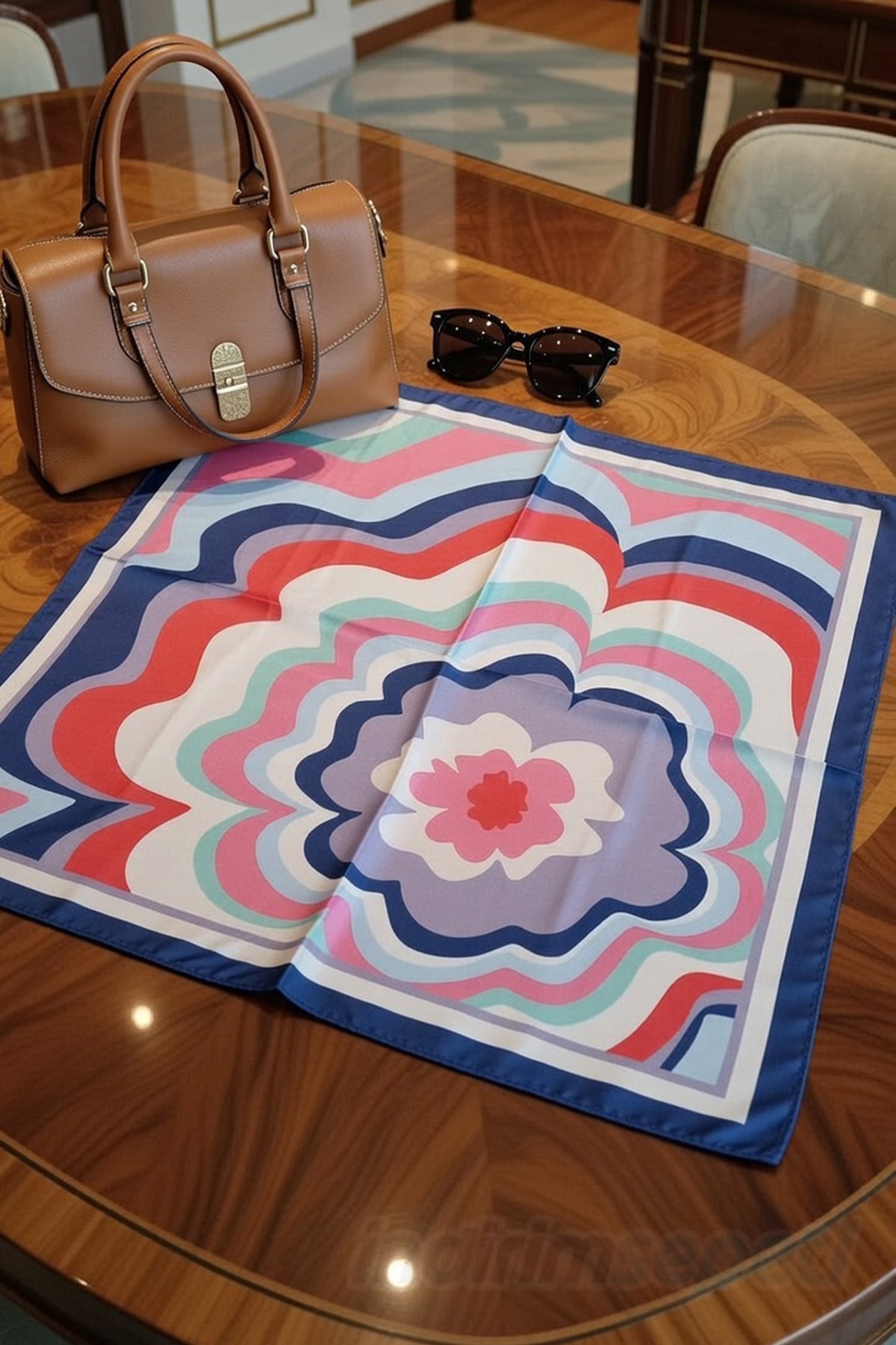 Retro Çiçek Dalga Desenli Saten Bandana – Şık & Modern Kare Fular (50x50 cm) Boyun Atkısı - Modern Çiçekli Çanta Aksesuarı