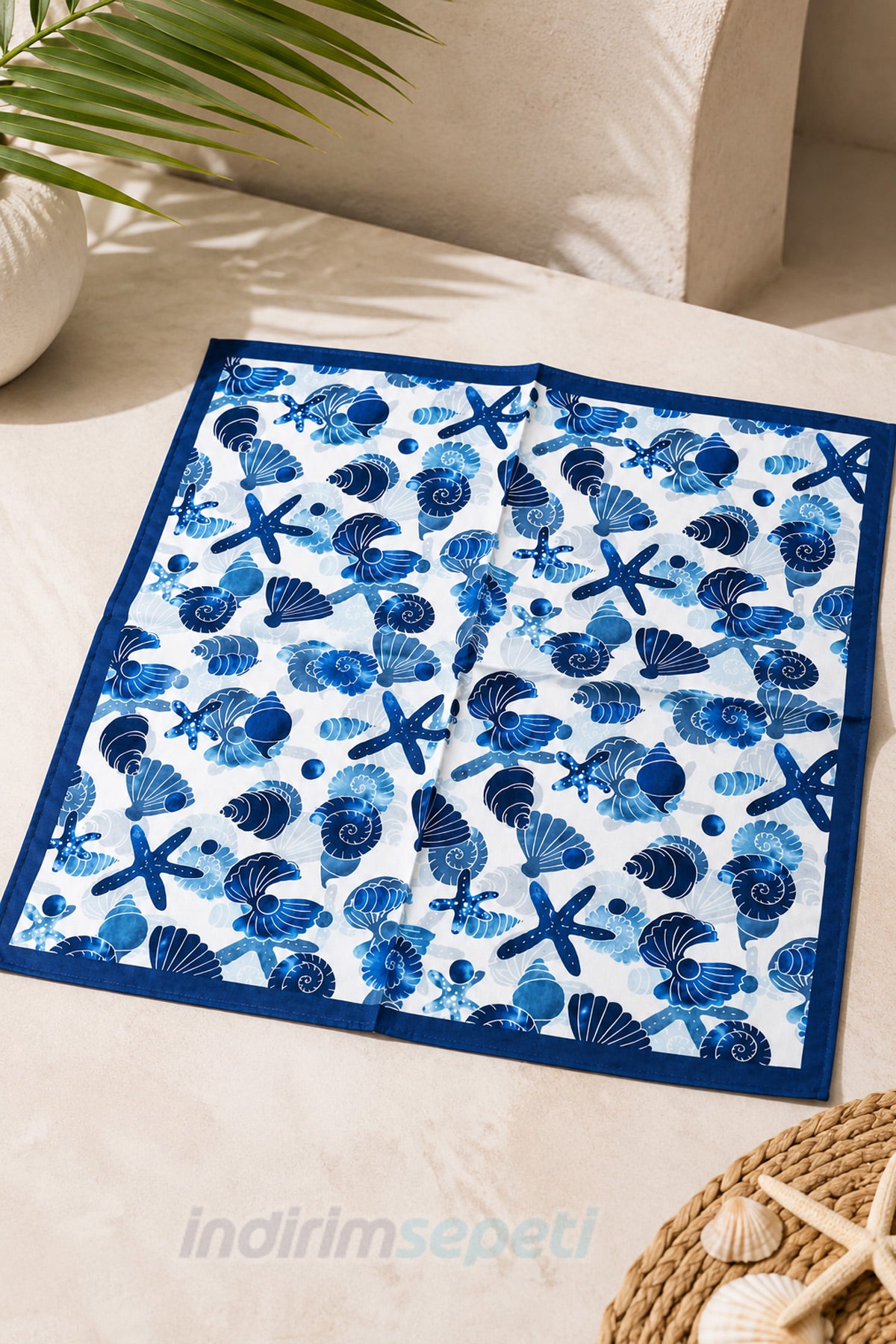 Deniz Kabuğu Desenli Saten Bandana Fular 50x50 Cm | Mavi Deniz Yıldızı Desenli Kare Eşarp