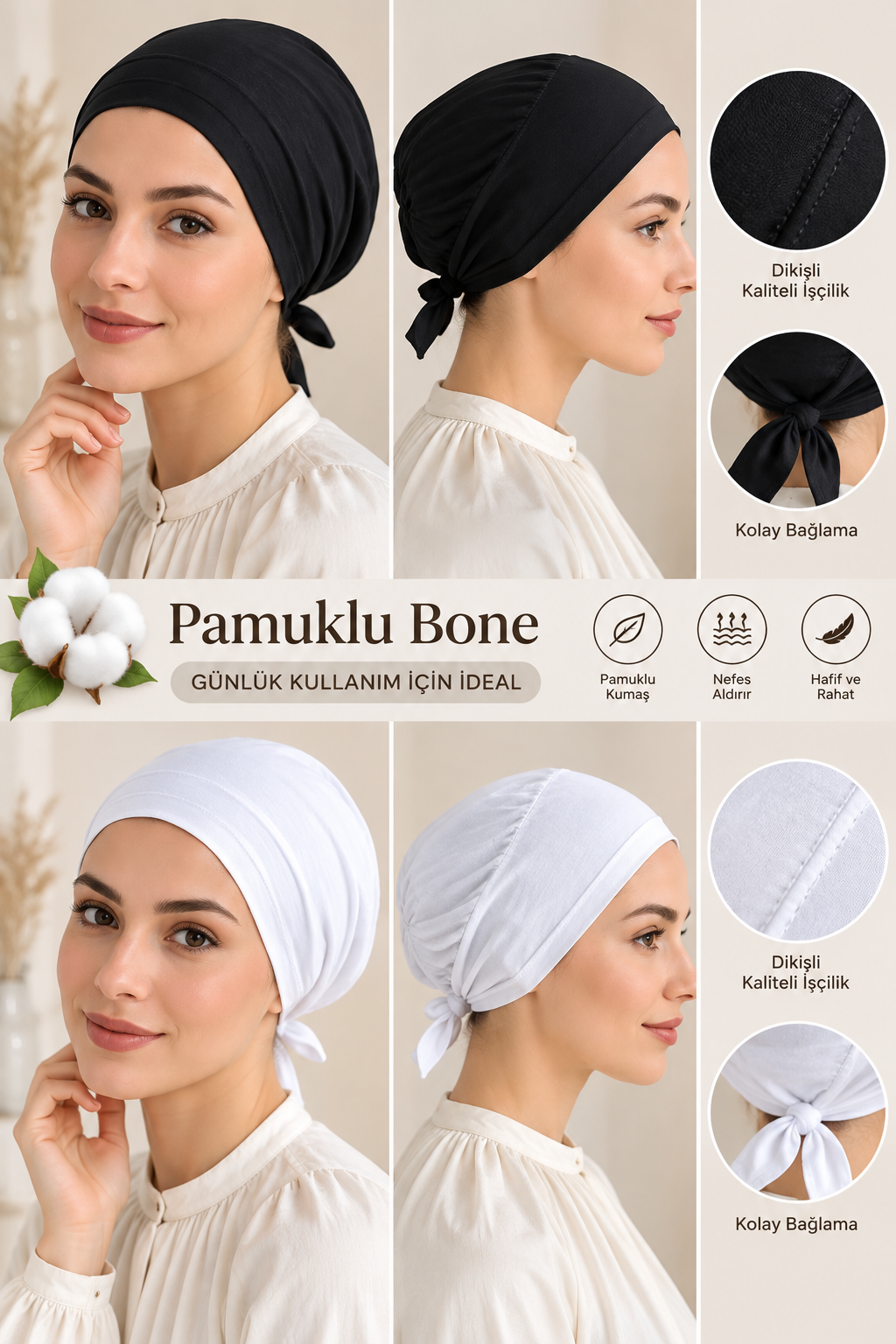Siyah & Beyaz Pamuklu Dikişli Bone 2’li Set – Bağlamalı Rahat Saç Bonesi