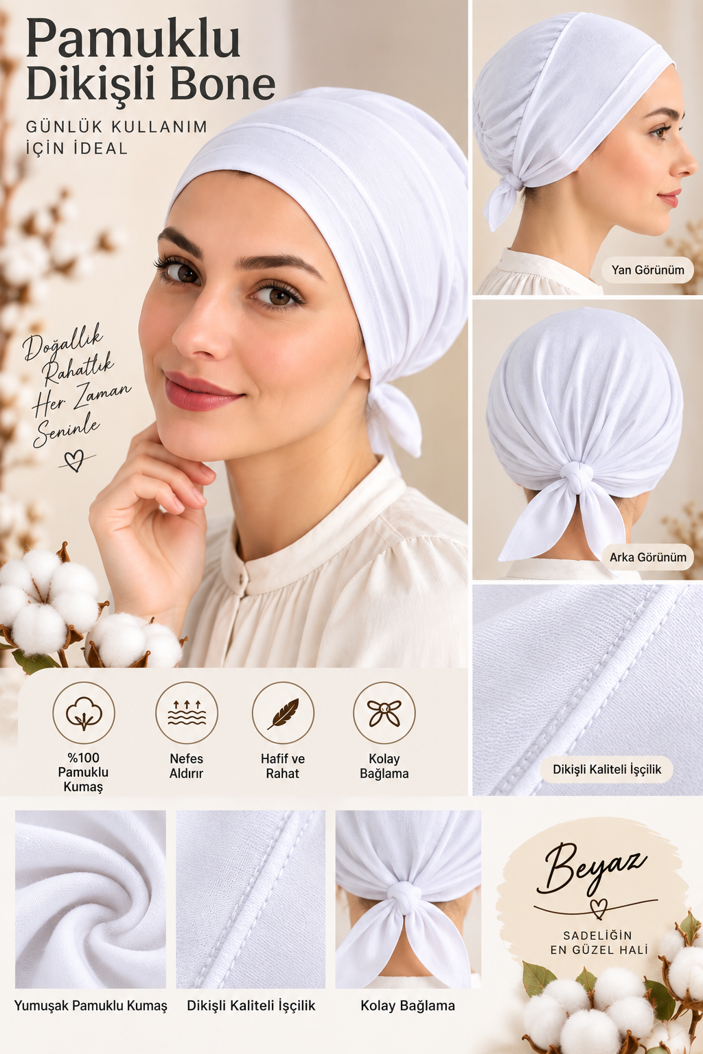 Beyaz Pamuklu Dikişli Bone | Bağlamalı Rahat Saç ve Eşarp Altı Bonesi