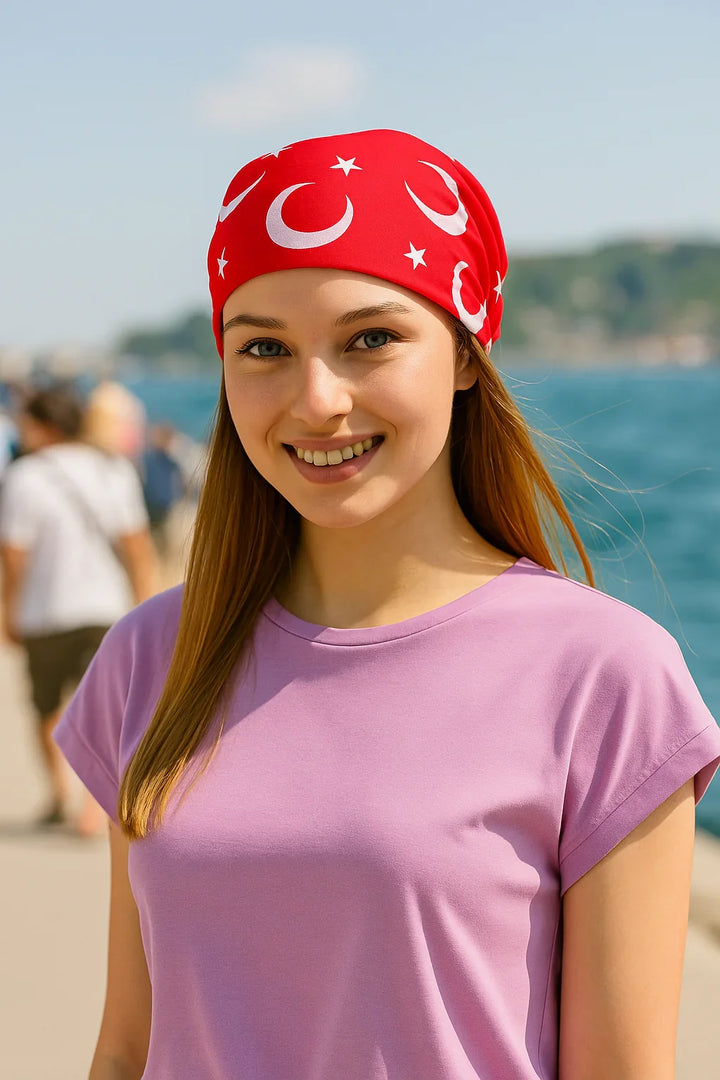 Türk Bayrağı Ay Yıldız Desenli Kırmızı Bandana Fular Pamuklu - Indirimsepeti
