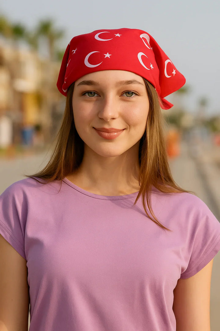 Türk Bayrağı Ay Yıldız Desenli Kırmızı Bandana Fular Pamuklu - Indirimsepeti