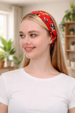 Boncuklu % 100 Pamuklu Kumaş Paraşüt Lastikli Bandana Saç Aksesuar Kırmızı