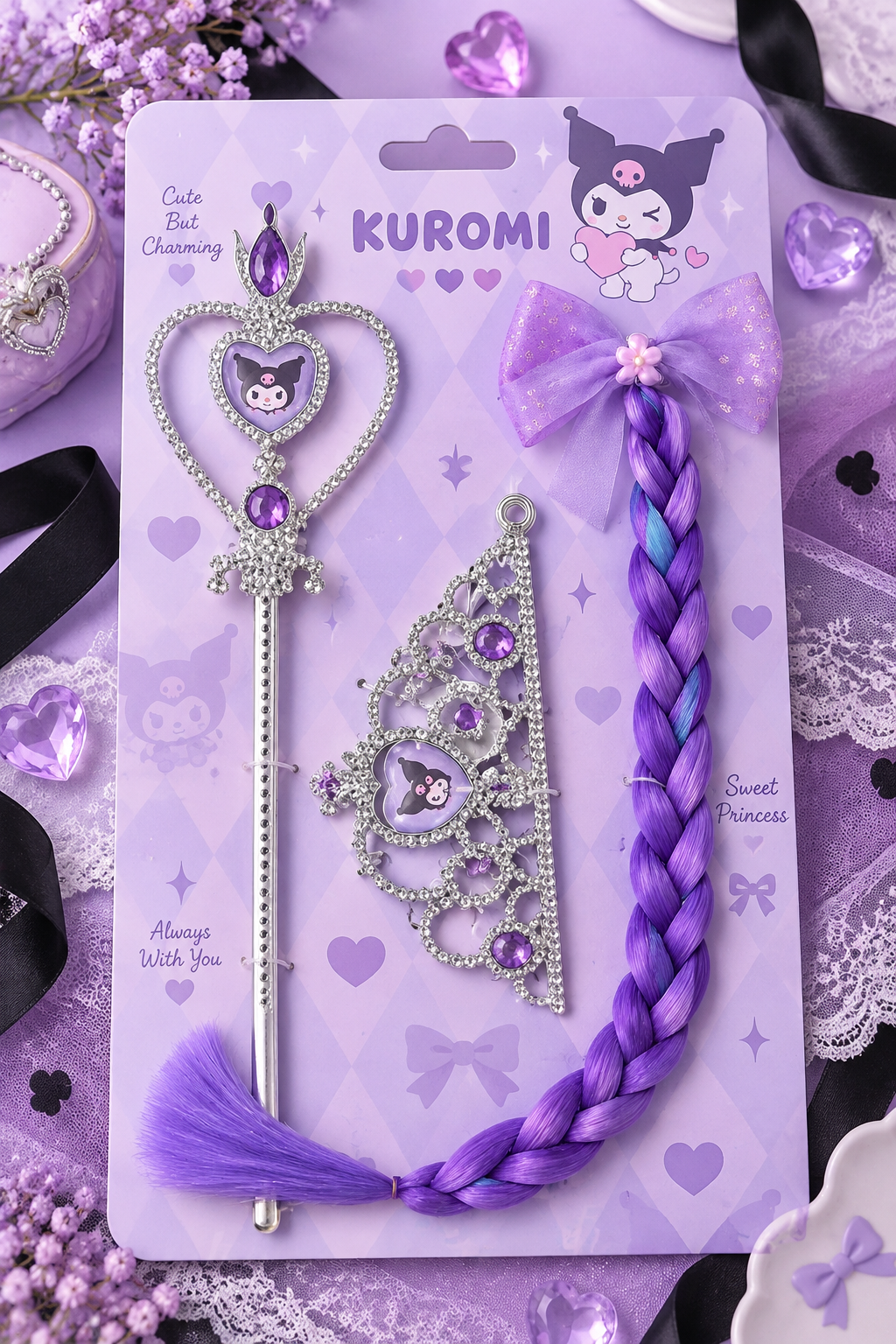 Kuromi 3’lü Kız Çocuk Taç, Asa ve Örgü Saç Tokası Seti – Mor Prenses