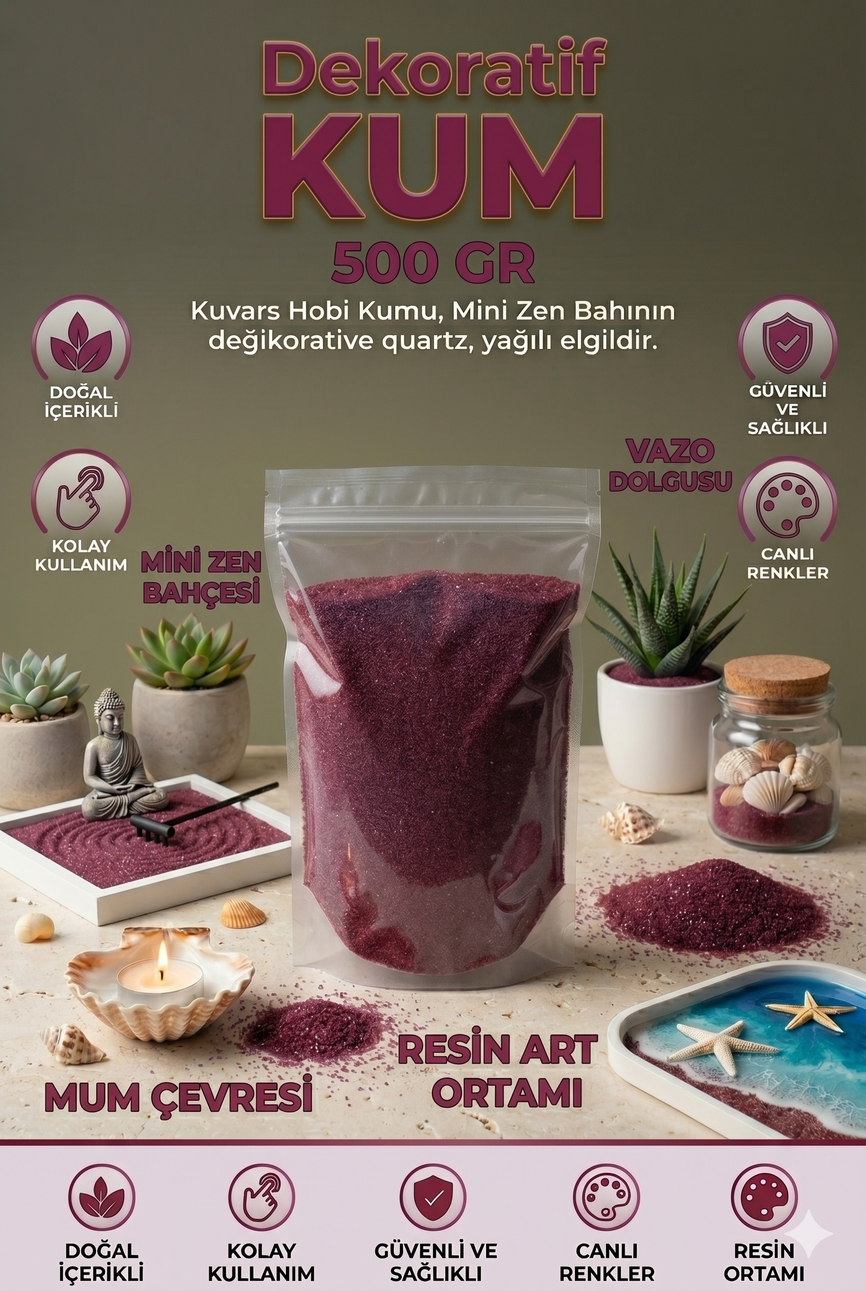 Bordo Kum – 500 gr ince Taneli Kum Boyama, Dekoratif & Hobi Kumları