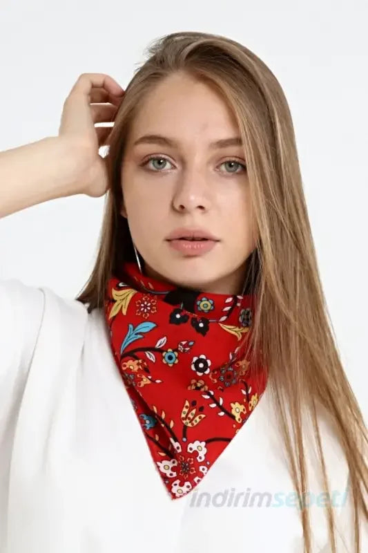 Bandana  Çiçek Desenli  %100 Pamuklu Saç Aksesuar Kırmızı - Indirimsepeti
