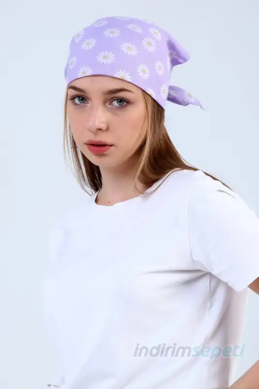 Bandana Fular Papatya Desenli %100 Pamuk Saç Aksesuar Lila - Indirimsepeti