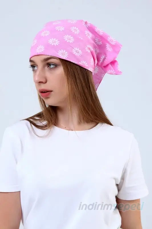 Bandana Fular Papatya Desenli %100 Pamuk Saç Aksesuar Pembe - Indirimsepeti