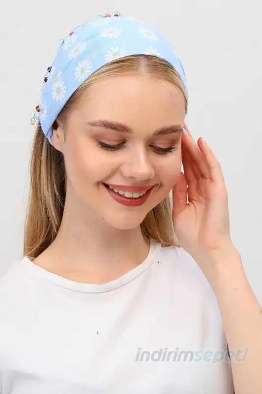 Bandana Papatya Desenli Boncuklu El Yapımı Saç Bandı Lastikli Saç Aksesuar Mavi - Indirimsepeti