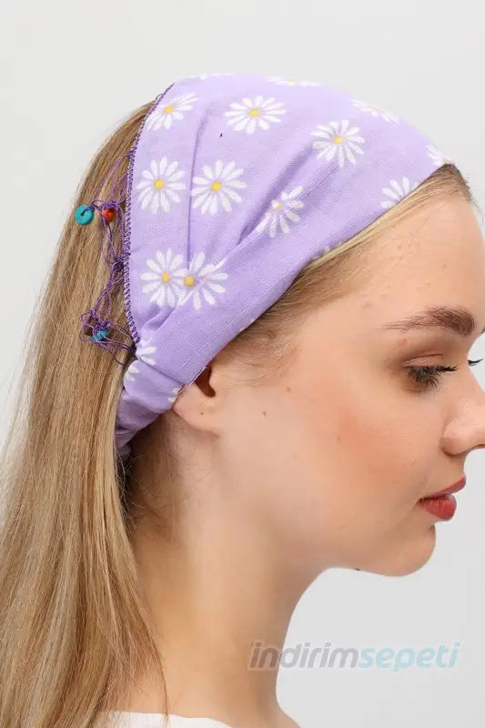 Bandana Papatya Desenli Boncuklu El Yapımı Saç Bandı Lastikli Saç Aksesuar Lila - Indirimsepeti