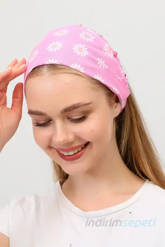 Bandana Papatya Desenli Boncuklu El Yapımı Saç Bandı Lastikli Saç Aksesuar Pembe - Indirimsepeti