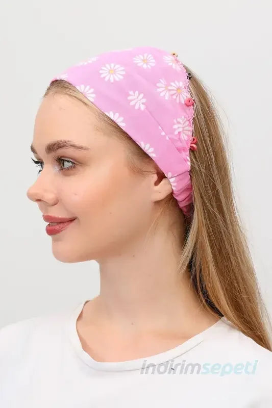 Bandana Papatya Desenli Boncuklu El Yapımı Saç Bandı Lastikli Saç Aksesuar Pembe - Indirimsepeti