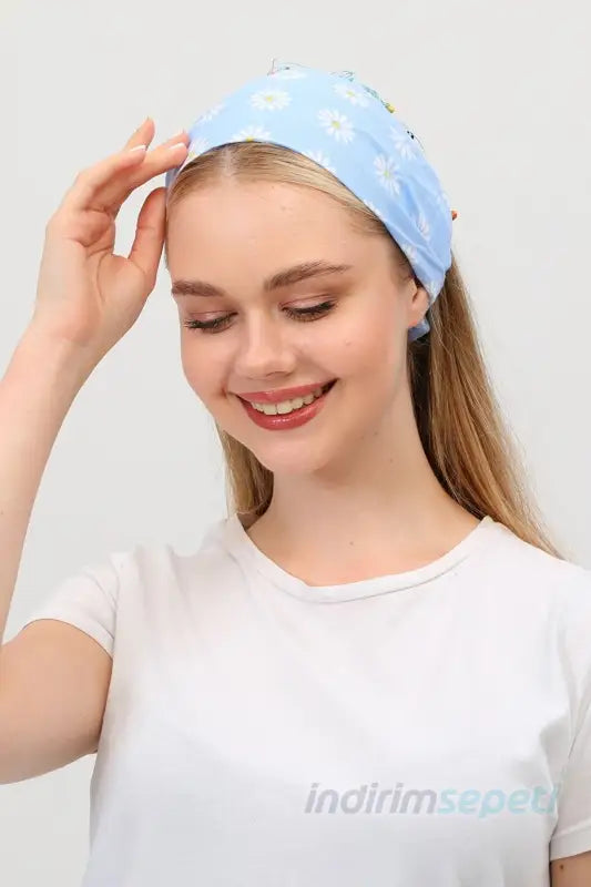 Bandana Papatya Desenli Boncuklu El Yapımı Saç Bandı Lastikli Saç Aksesuar Mavi - Indirimsepeti