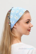 Bandana Papatya Desenli Boncuklu El Yapımı Saç Bandı Lastikli Saç Aksesuar Mavi - Indirimsepeti