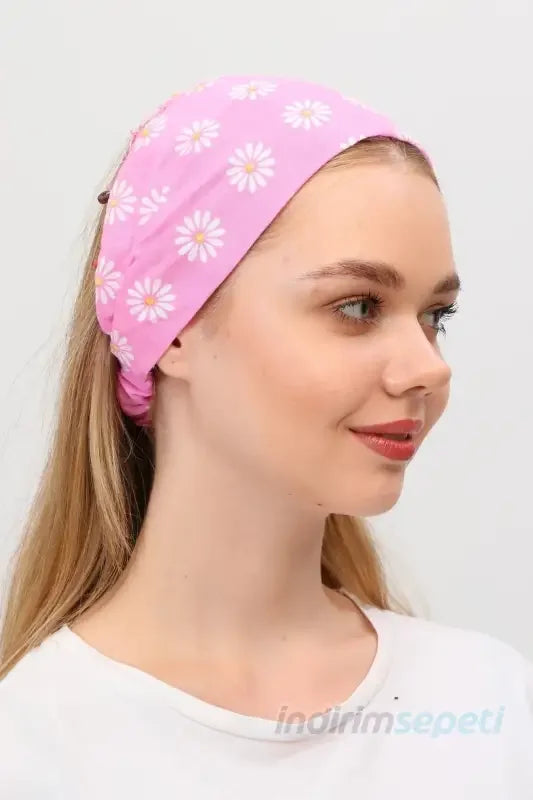 Bandana Papatya Desenli Boncuklu El Yapımı Saç Bandı Lastikli Saç Aksesuar Pembe - Indirimsepeti